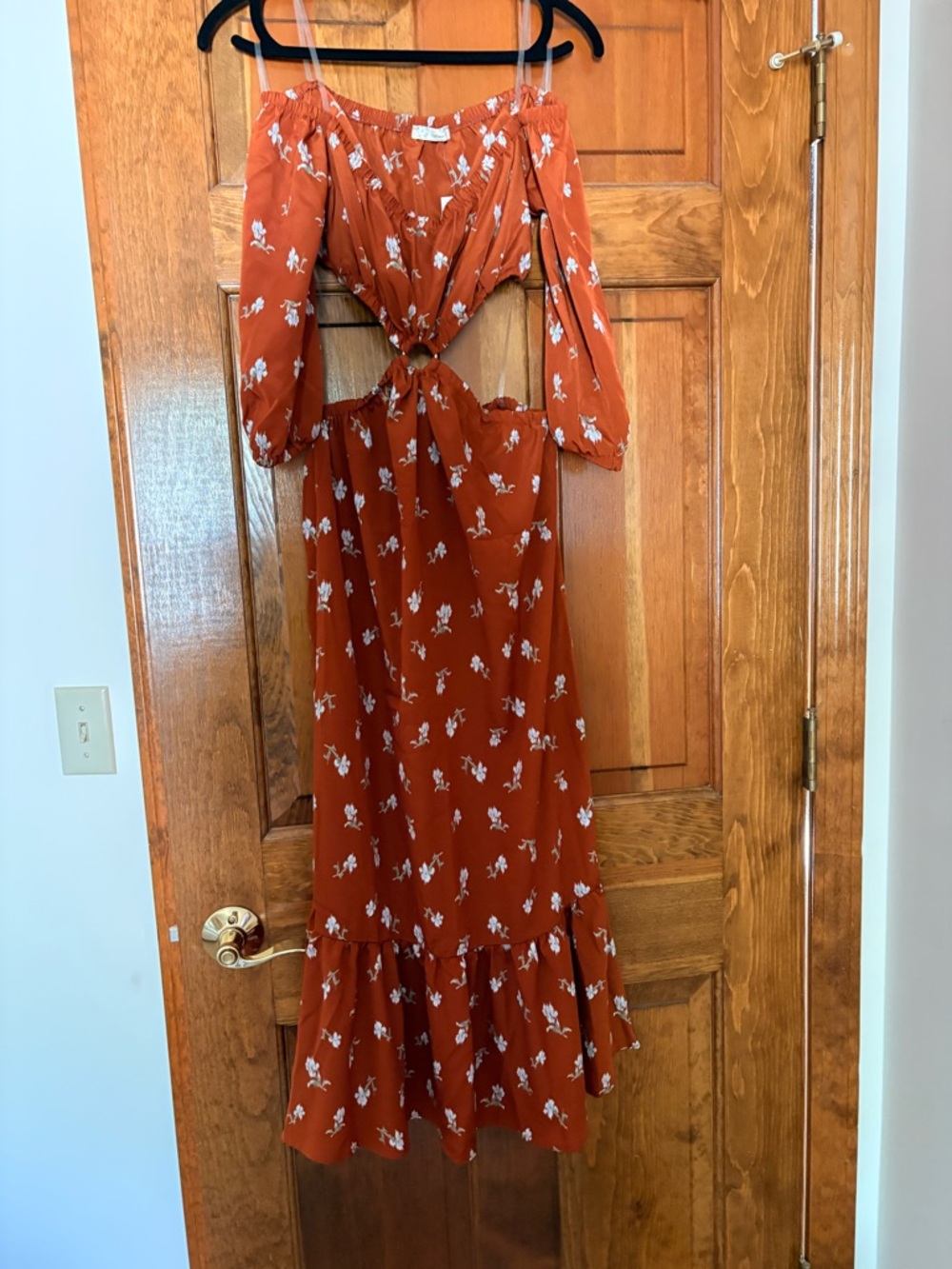 Women’s Rust Floral Cutout Long Sleeve Maxi Dress
